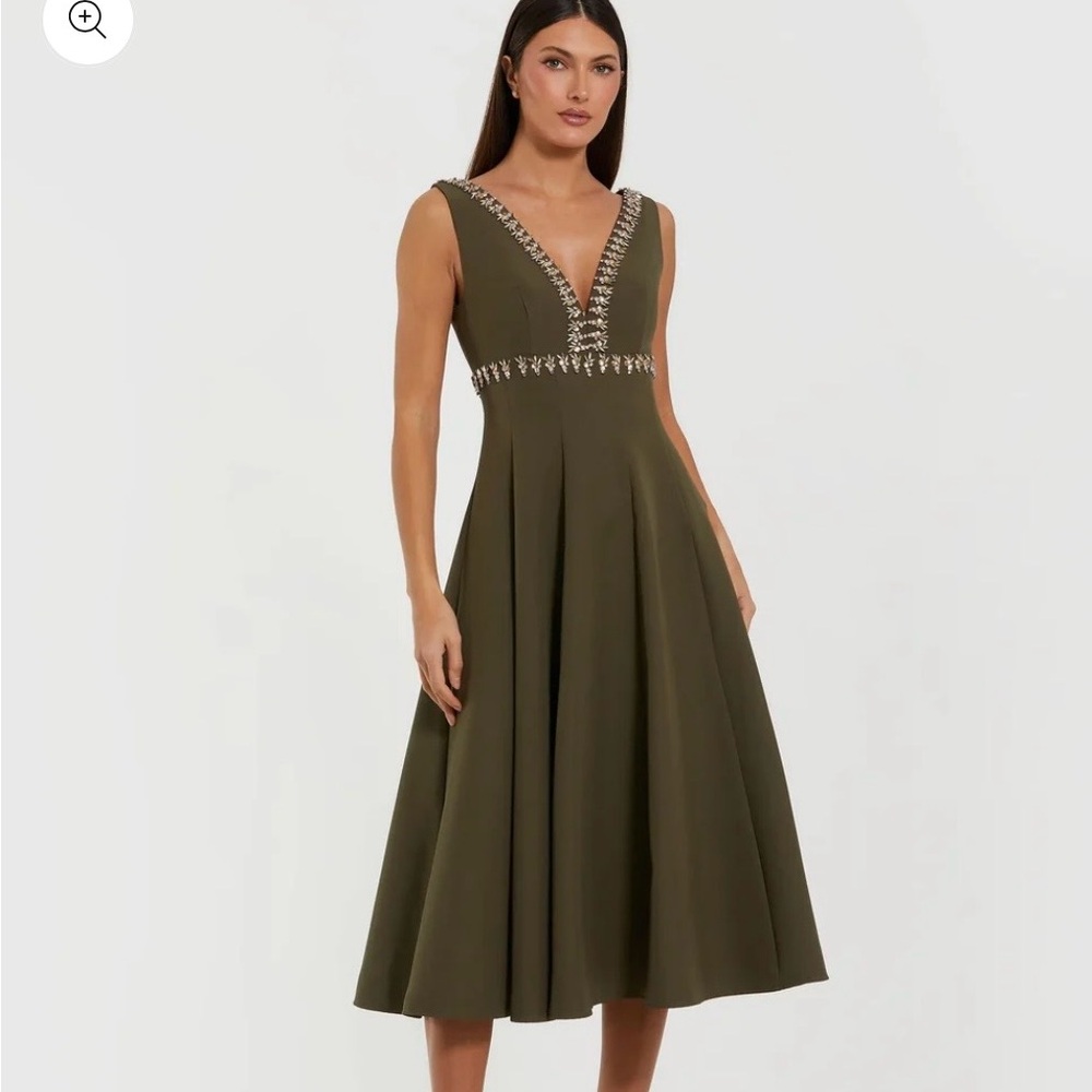 Mac Duggal Olive Midi Dress with Embellished Neckline - Picture 3 of 4